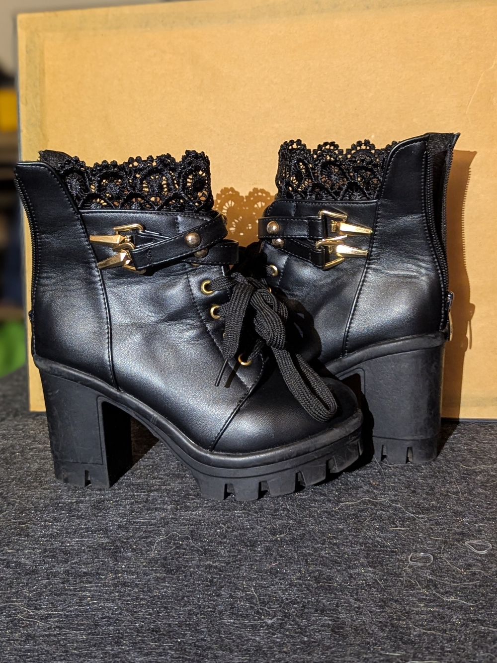 Black Lace-Trim Platform Ankle Boots - Women